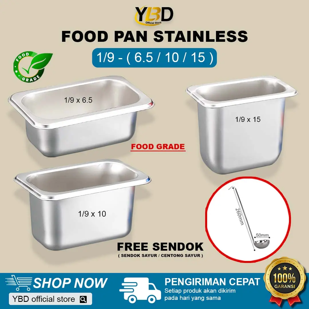 YBD - Food Pan Stainless 1/9 Ukuran ( 6,5 / 10 / 15 ) | Wadah Gastronom Food Pan Insert Chafing Dish Lauk/Prasmanan/Saji Stainless Steel