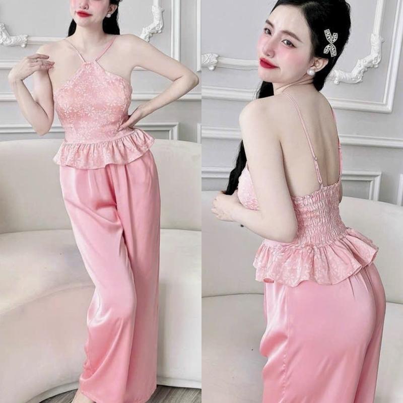 Bộ dài nữ kiểu Yếm áo lụa gấm 2 da có mút quần latin cho phụ nữ dưới 60kg kích thước 90-75-100 Women Top Voi Thun Kem đo bo
