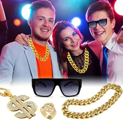 Funny Costumes 80s 90s Hip Hop Costume Kit - 4 Piece Set With Fake Gold Chains, Sunglasses & Dollar Ring Funny Costumes 80s 90s Hip Hop Costume Kit - 4 Piece Set With Fake Gold Chains, Sunglasses & Dollar Ring