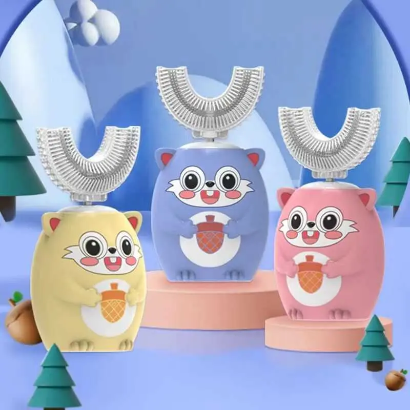 360 Degrees Kids U shaped Electric Toothbrush USB Charging for Children Cartoon Pattern Smart Sonic Tooth Brush Blue Light IPX7