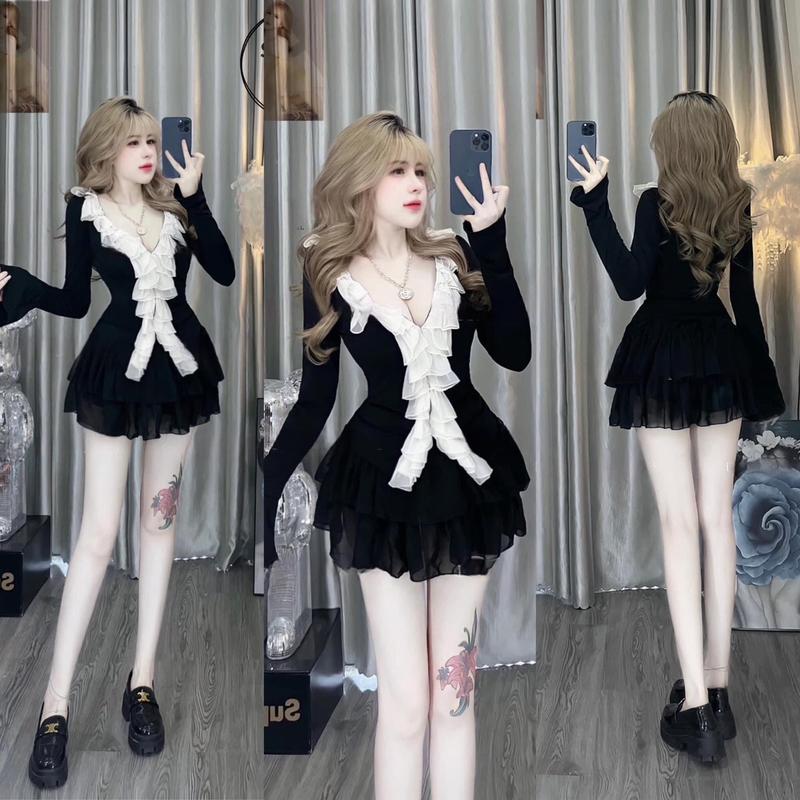 Set cổ chữ V viền bèo kem tay dài mix chân váy voan tầng