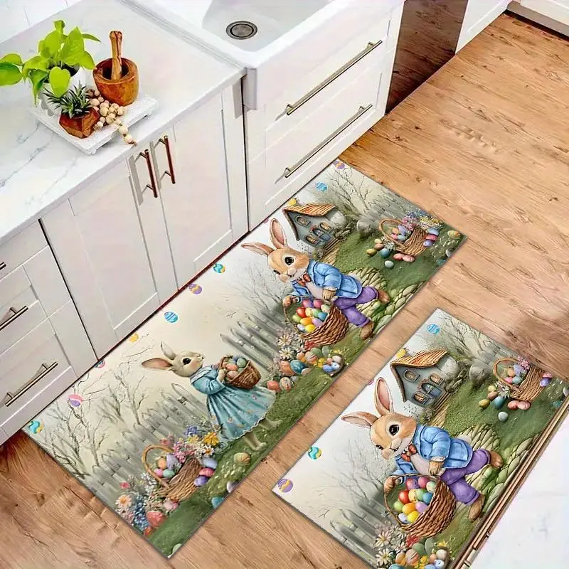 Easter Themed Kitchen Mat, 2 Counts/3 Counts Cute Rabbit & Egg Pattern Kitchen Rug, Non-slip Kitchen Floor Mat, Home Decor 0