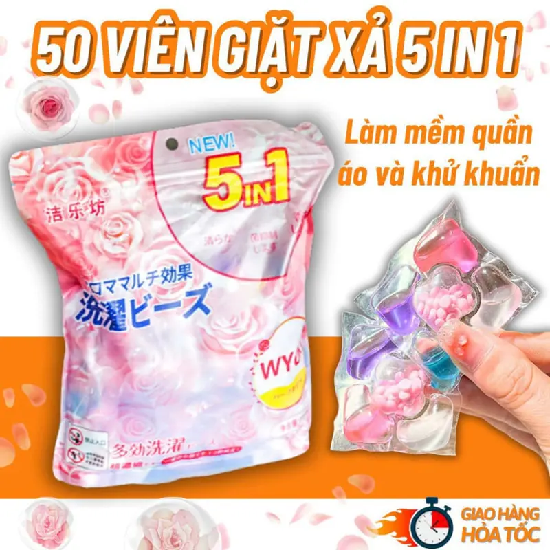 (Combo 5 túi 200 viên) Viên Giặt Xả Thơm Quần Áo 5IN1 Làm Mềm, Giặt Sạch, Khử Khuẩn tới 99%, Lưu Hương 72 Giờ Đa Năng - Làm Sạch 1