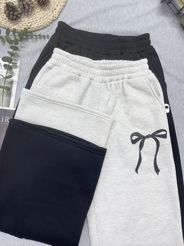 Women's Bow Print Pocket Elastic Waist Sweatpants, Casual Comfy Trousers for Fall & Winter, Women's Bottoms for Daily Wear 8