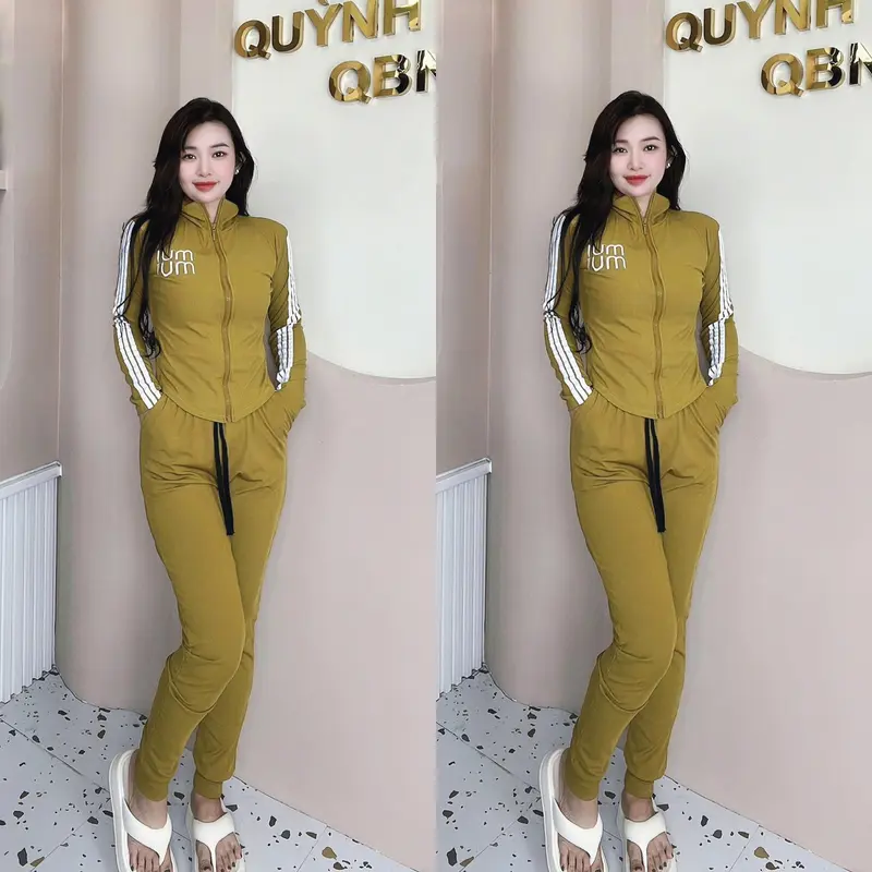 Set Bộ Nữ Thể Thao MỎNG MÁT  Thun Tăm Quần Dài Ôm Bo Ống Áo Thêu Chữ Tay Dài Khóa Kéo Sport Chạy Bộ Top 1