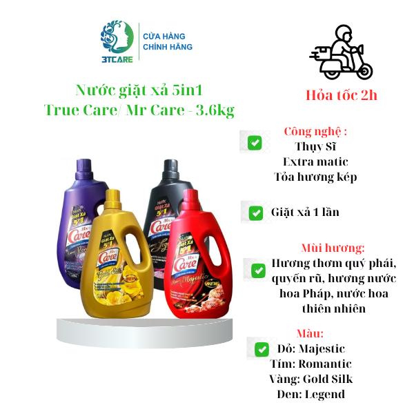 Nước giặt xả 5in1 Mr Care (True Care) 3.6kg, 4 mùi hương Majestic,Legend,Romantic,Goldsilk- Công nghệ Thụy Sĩ.