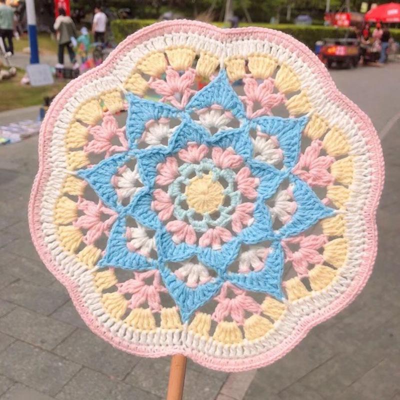 Product Introduction of Boredom Relief Yarn Handmade Weaving Dunhuang Color Scheme Ancient Style Round Fan Crochet Chinese Fan DIY Materials Handmade Gift 9
