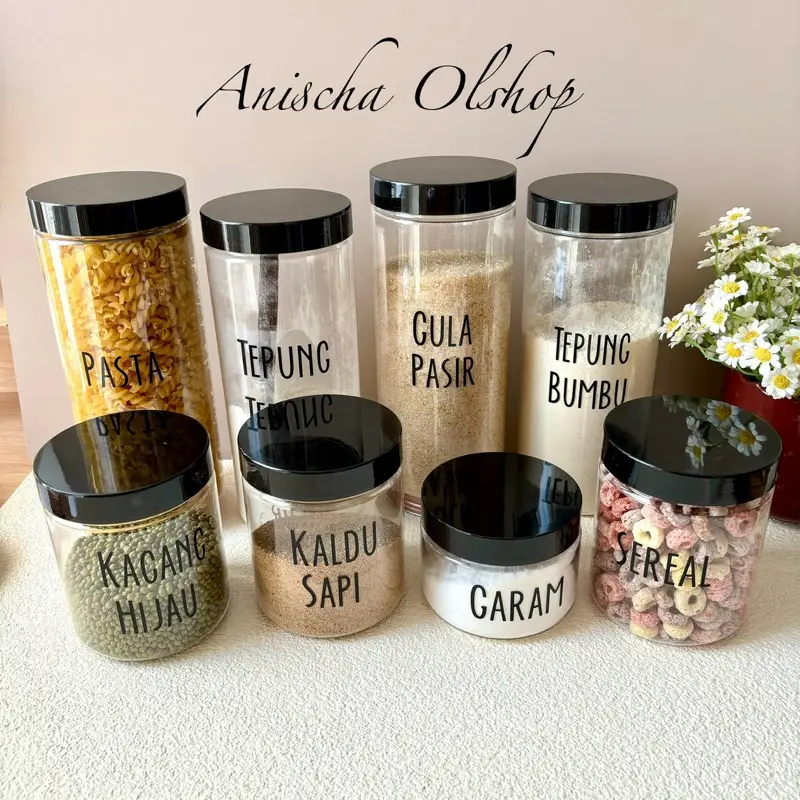 Toples Bumbu Dapur Tutup Hitam Bahan Plastik Toples Serbaguna Free Stiker Cutting Anti air (EA Htm) 1