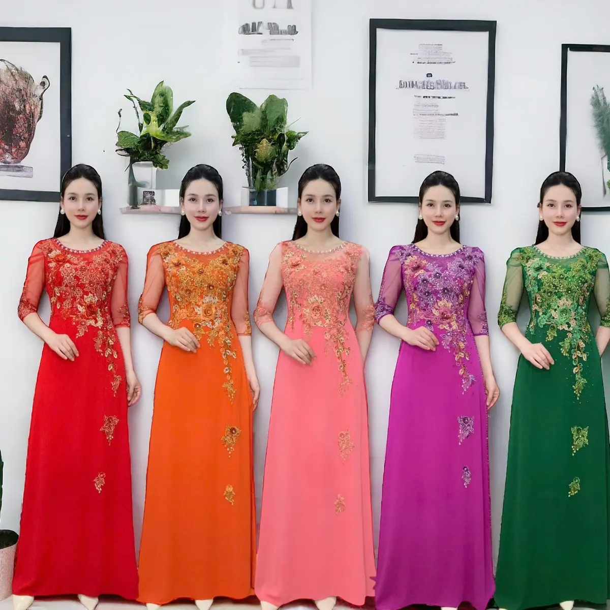 Áo dài dạ hội trung niên cao cấp mã AD91 Nữ Women a odai aodai mau jador dress chỉ giặt tay đỏ hồng