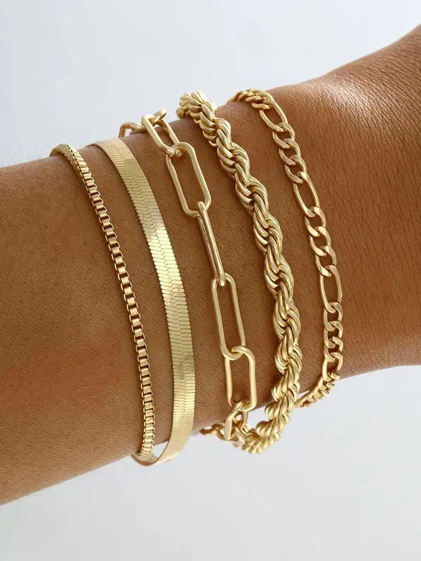5pcs/set Street Fashion Chain Stack Bracelet for Party, Twist Design Hand Jewelry for Girl Boys, Elegant All-match Fashion Accessories for Daily Wear Valentine's Day Gift 0