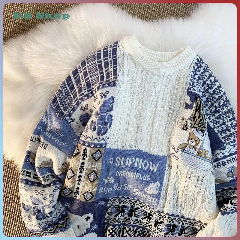 sweater Áo Len Chui Đầu Hoạt Hình Cho Nam, Áo Len Dài Tay Phong Cách Lười Biếng Nhật Bản, Hợp Thời Trang, Đa Năng, Đơn Giản, Màu Tương Phản, Cổ Tròn, Trang Phục Cặp Đôi