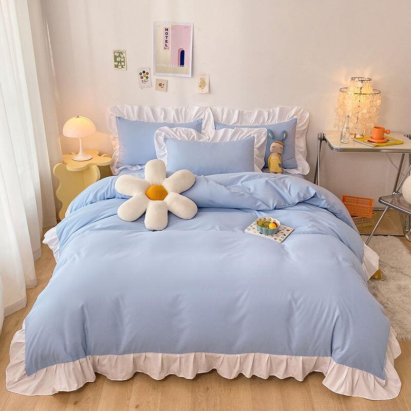 Product Introduction of Ins Princess Wind Fairy Girl Heart Solid Color Cream Matte Bed Three or Four Piece Set Internet Red Lotus Leaf Lace Korean Edition 24