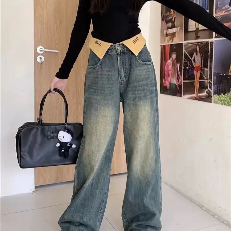 Quần Jean Nữ Ống Suông bẻ lưng thêu chữ, Quần Bò Nữ cao cấp ống rộng xanh wash trơn cạp cao SD1233
