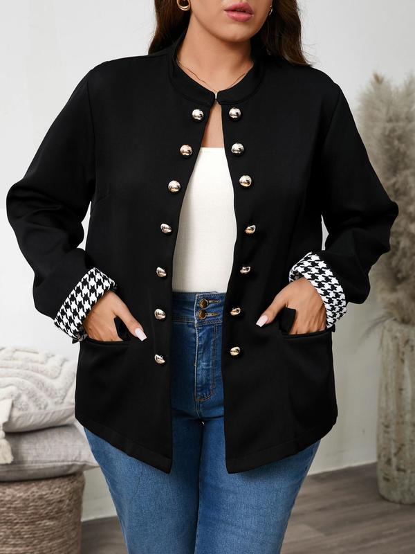 【Plus Size】 Houndstooth Patchwork Print Double Button Pocket Blazer, Casual Long Sleeve Outerwear for Fall & Winter, Women's Clothes for Daily Wear 0