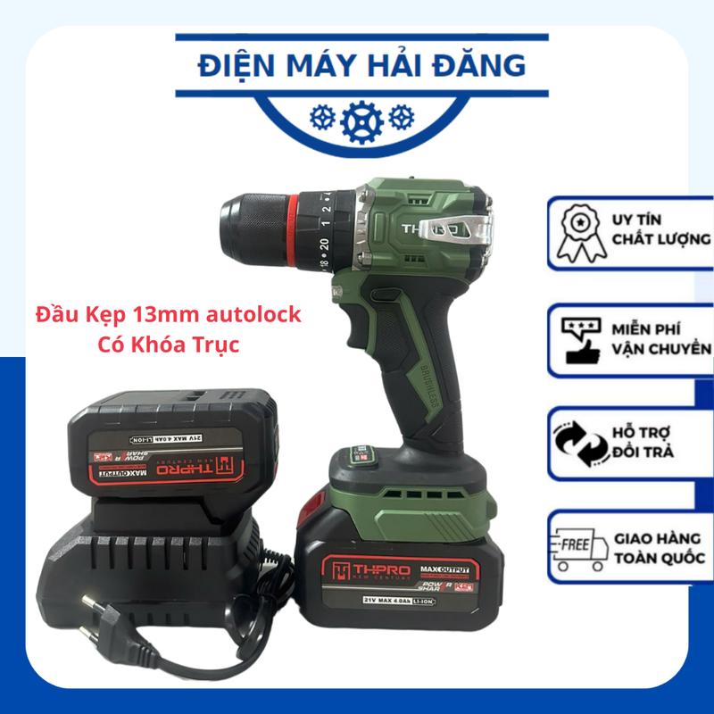 Máy Khoan Pin THPRO TH13 Màu Xanh Lục Bảo 3 Chức Năng Đầu 13mm Autolock Động Cơ Không Chổi Than Chân Pin Phổ Thông 4CM