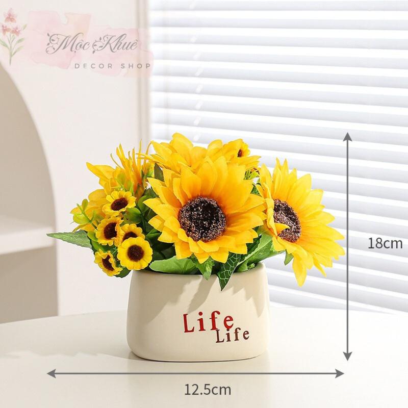   Mộc Khuê Decor  - Bình hoa để bàn- Bình hoa mini cắm sẵn- hoa giả cao 18cm- Để bàn học bàn trà kệ tủ decor   cả bình và hoa  Decor Phòng Trang Trí Nhà 