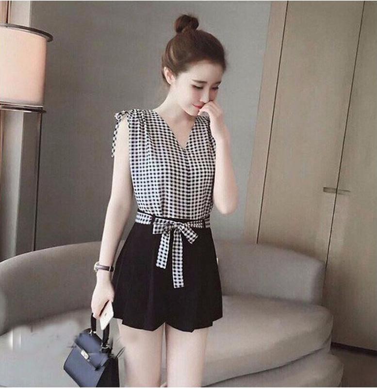 Set quần xếp li kèm áo caro Nữ Top Women Kem Sọc Caro Sọc Caro set  đầm