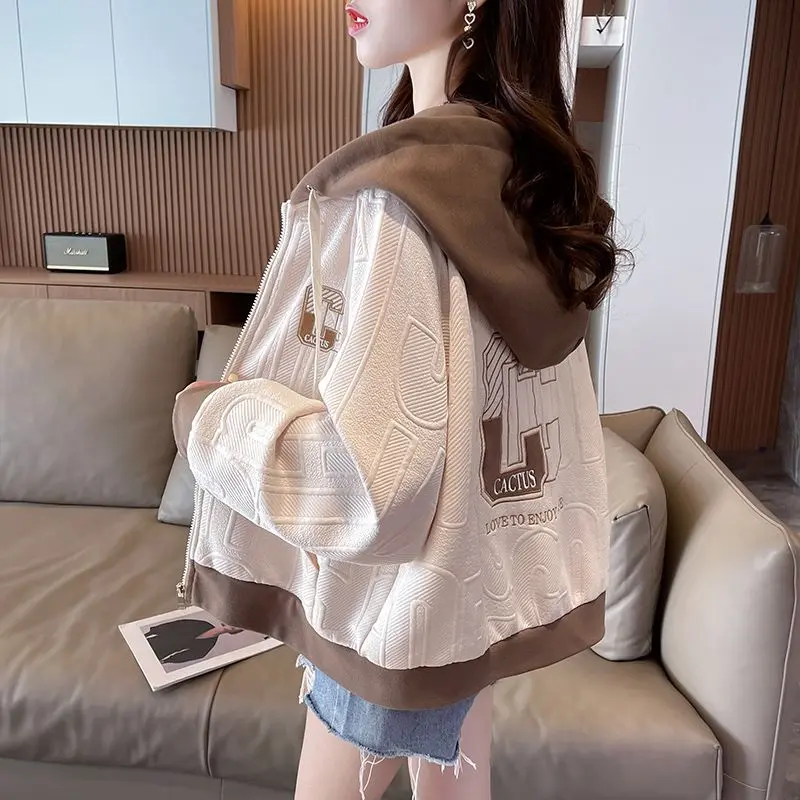 Short Coat for Women Spring and Autumn Hooded Zipper Korean Style Slim and Younger Jackets Tops Lingerie Lady Comfort Outerwear Basic Casual Womenswear Baggy Longsleeve Loose Oversize
