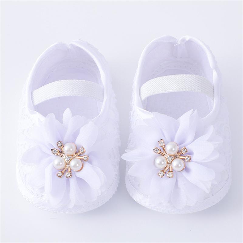 Product Introduction of Baby Girls Flats and Headband Soft Sole Non-slip Pearl Flower Princess Wedding Dress Walking Shoes for Newborn 40