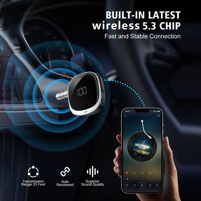 Car Transmitter, Portable Rechargeable Aux Output Music Receiver with LED Display Screen, Wireless Bluetooth-compatible Audio Receiver Compatible with Phone MP3 Speaker Laptop Headphone for Car Home 2