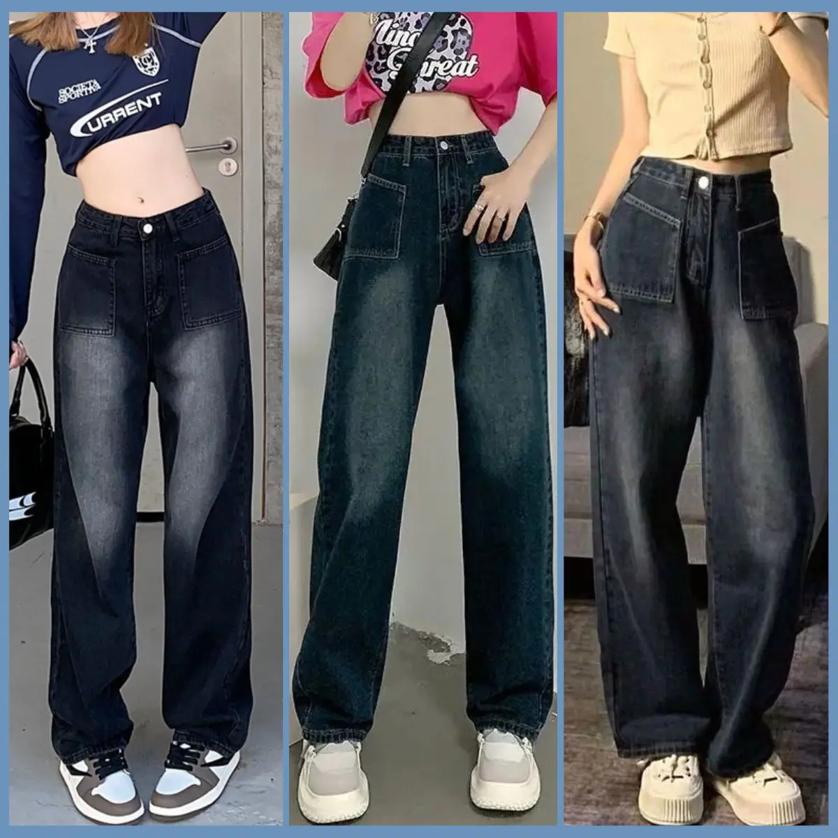 Quần Jean Ống Rộng Túi Vuông Wash Màu Cá Tính, Quần Bò Cạp Cao Phong Cách Retro 460