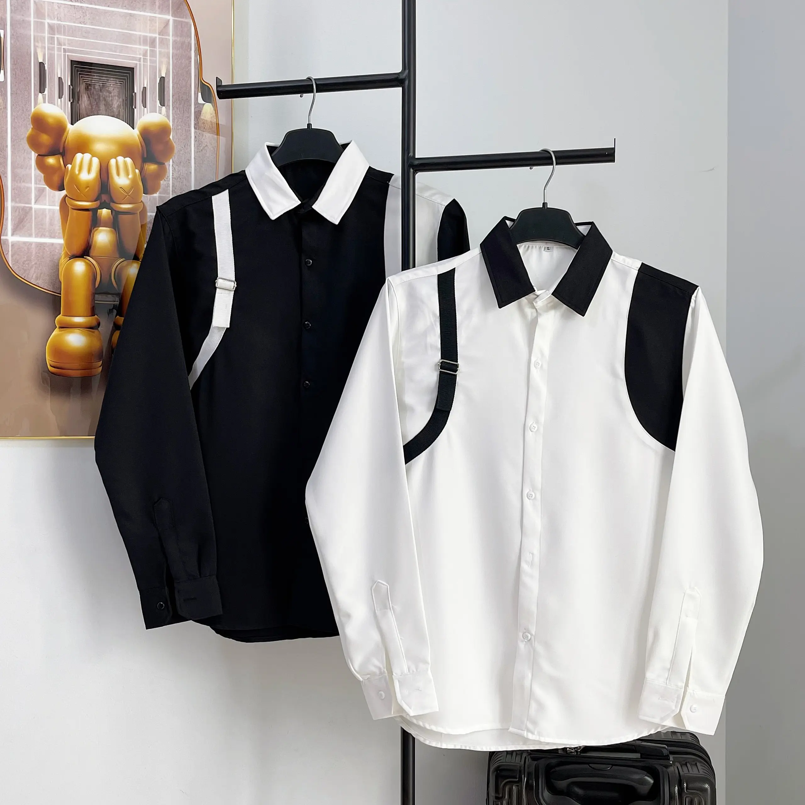 Áo sơ mi nam boy phố tay dài bụi bặm vải lụa mềm mẫu trẻ trung sang trọng-MỸ LINKSHOP Menswear Cổ Tròn Shirt áo  sơ  mi  nam  có  dây  ở  vai ❣♥áo sơ mi dài tay màu trắng♥ hàn quốc áo sơ mi