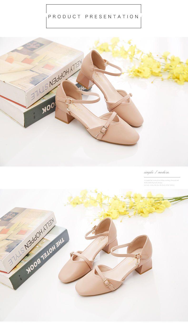 Product Introduction of Toe Box Shoes Women's High Heels Mid Heel Summer Chunky Heel Square Toe Hollowed Sandals Buckle All-Match Shallow Mouth Low Heel Shoes 13