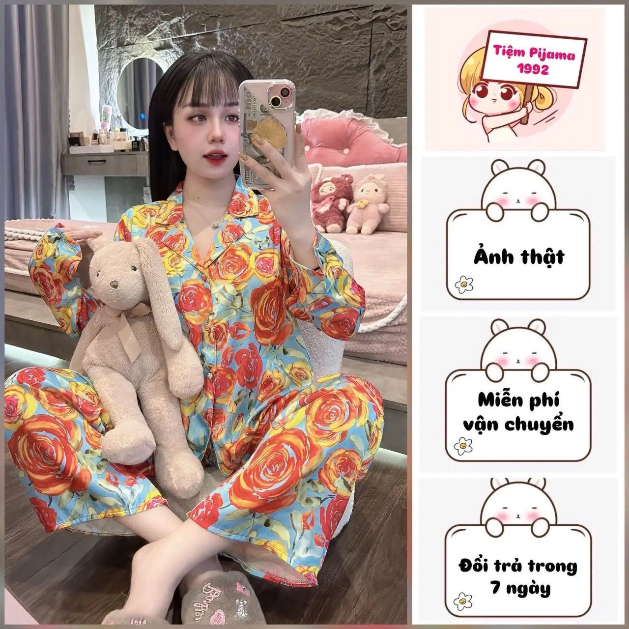 Đồ bộ Tết hoa đỏ lụa latin nút bọc , bộ pijama nữ freesize 40-60kg , bộ mặc nhà Women Áo Quần Ngủ bộcổ