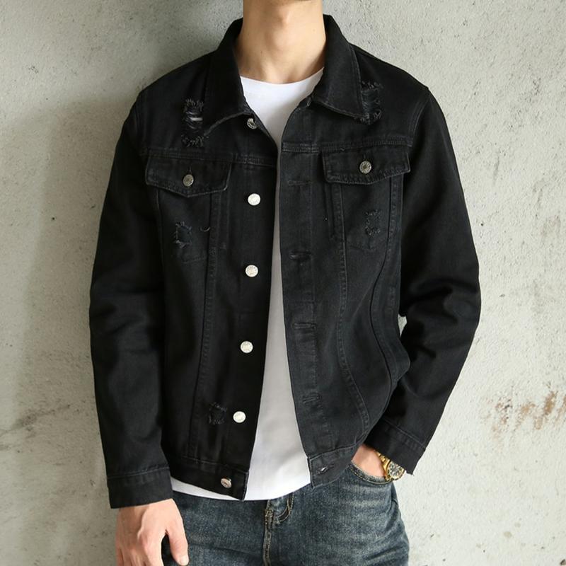 Áo khoác jean nam đen trơn - đen rách có bigsize 40-85kg Menswear Jacket Có Túi Có Cổ