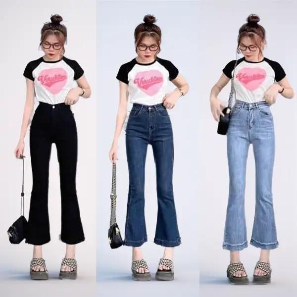 Quần jean ống loe 9 tấc, Quần Bass lỡ lai cuốn /  ( dành cho nàng M50~53) Nữ Pants Women Ong calem quan calem club lo jeans