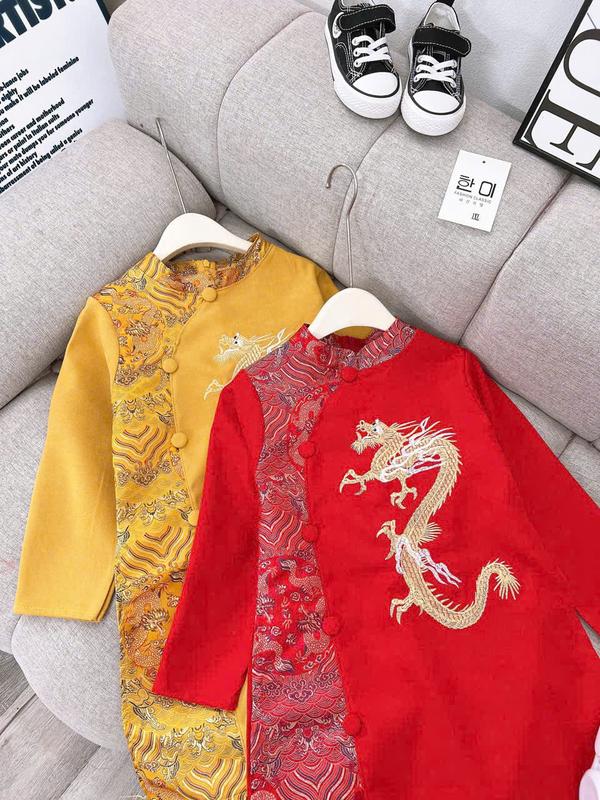 [10-36kg] Áo dài thêu Rồng cho bé trai mẫu hot TẾT 2025 (kèm khánh), diện Tết, du xuân siêu sang chảnh, chất nhung lì mềm đẹp, không nhăn, cúc tàu xịn đẹp. 4
