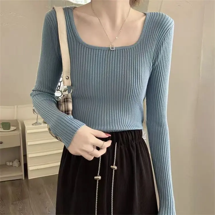 Áo Thun Dài Tay Cổ Chữ U, Hàng Mới Về Mùa Thu Và Mùa Đông, Áo Lớp Nền Dệt Kim Bên Trong, Áo Khoác Cao Cấp Hoang Dã Áo Len Cho Nữ Top Women