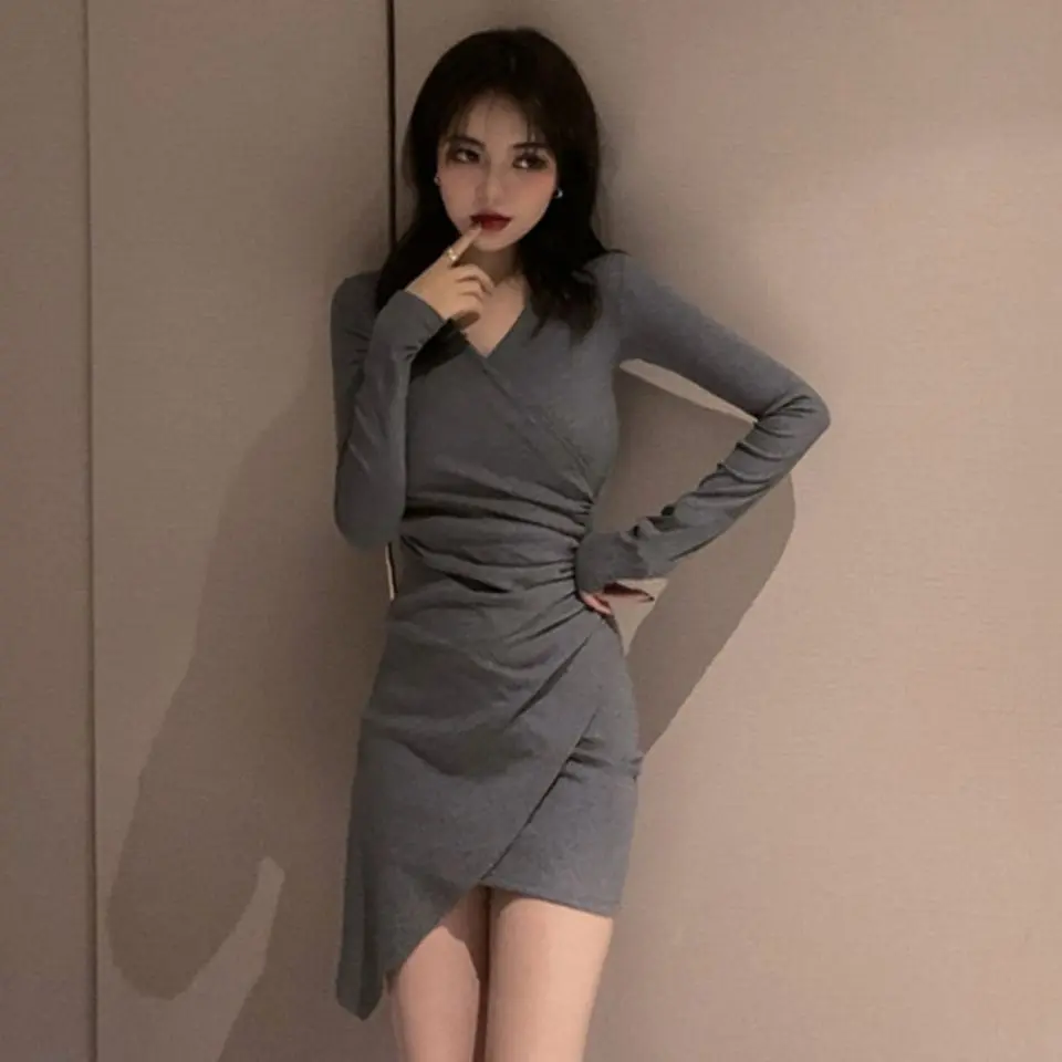 Sexy irregular slim-fit long sleeve dress cross neck waist slimming hip skirt a-line short skirt for women autumn Casual Womenswear Lingerie Summer Comfort Basic Minimalist