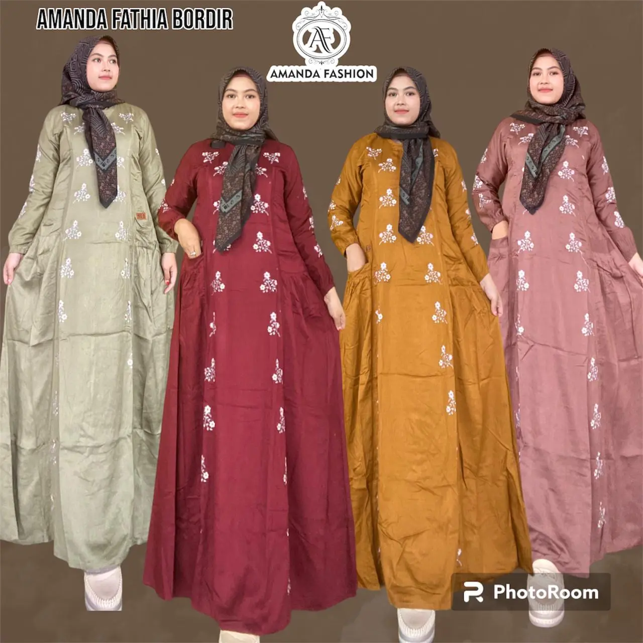 Gamis Amanda Fathia Bordir Bahan Rayon Twill Premium Polos  (Free  Goodie Bag & Pouch)