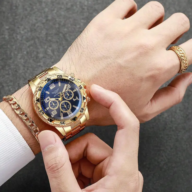 Bộ Đồng Hồ, 4 Món, Dành Cho Nam, Thời Trang, Phong Cách Thể Thao, Thép Không Gỉ, Đồng Hồ Thạch Anh Ba Mặt Số, Tặng Kèm Vòng Cổ, Vòng Tay Và Nhẫn 8