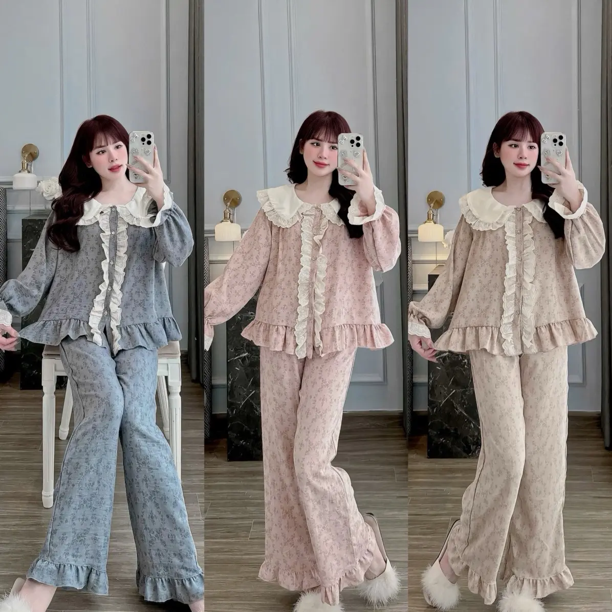 Bộ đồ Mặc nhà Cổ sen ren dải hoạ tiết Hoa dây chất Vân mây mềm đẹp cho Nữ DD80 Sammy - Quần Ngủ Nữ - Women