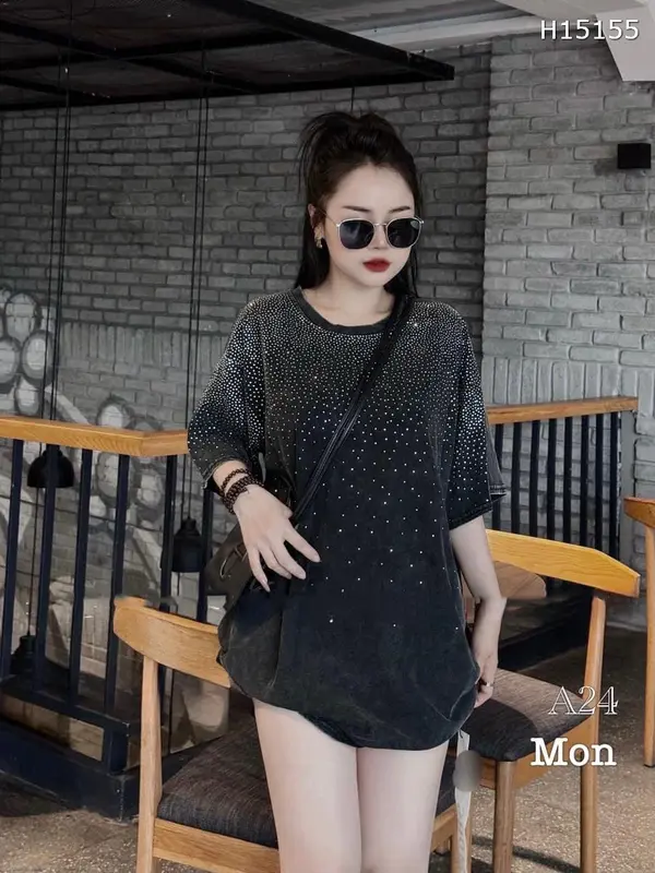 Áo Phông Loang Đính Đá Dáng Rộng, Áo Thun Form Thụng Dấu Quần Hàng QC Loại 1 Cao Cấp Nữ Women Top Nhung Top Nhung - Cotton Vải Loang Cao Cấp 1