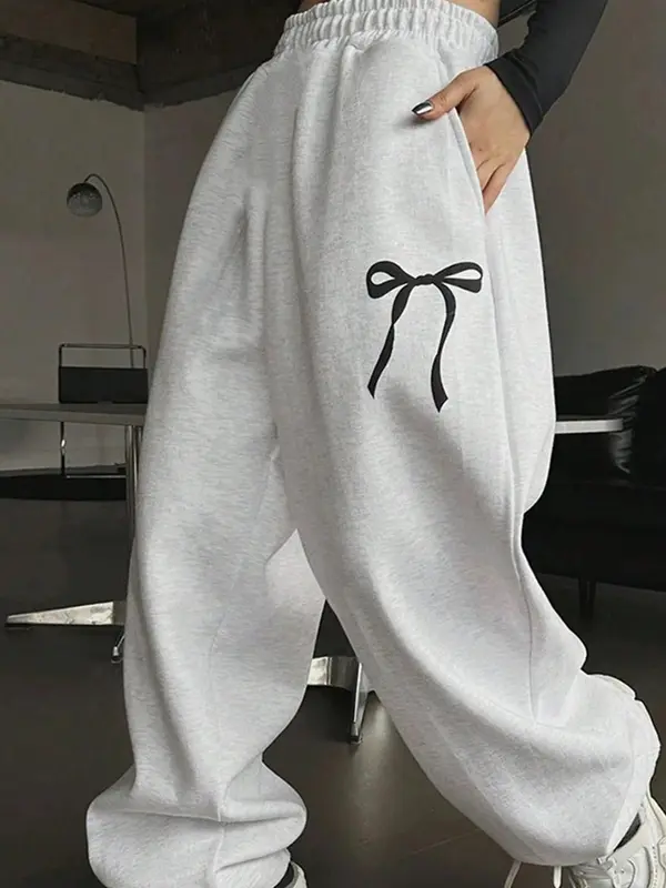 Women's Bow Print Pocket Elastic Waist Sweatpants, Casual Comfy Trousers for Fall & Winter, Women's Bottoms for Daily Wear 2