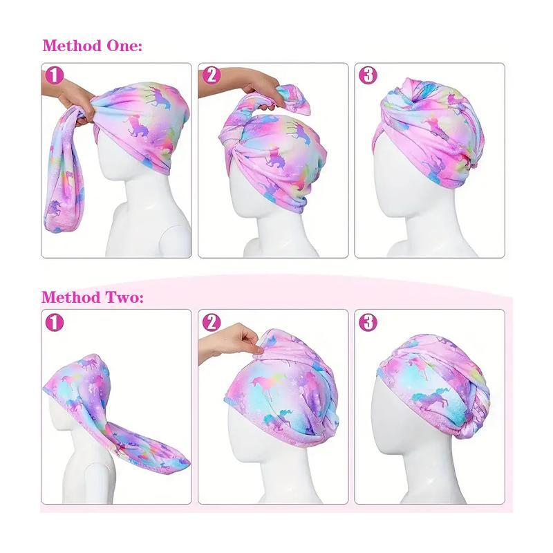 Hair Towel Wrap with Button, 1 Set Cute Cartoon Pattern Hair Drying Towel, Water Absorbent Hair Towel for Kids 3
