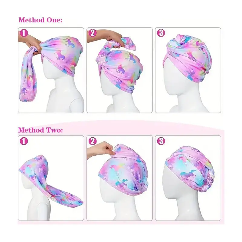 Hair Towel Wrap with Button, 1 Set Cute Cartoon Pattern Hair Drying Towel, Water Absorbent Hair Towel for Kids 3