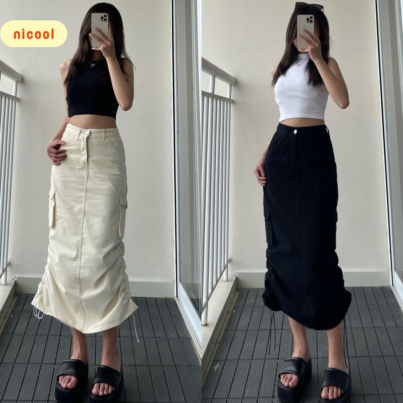  Chân váy kaki dáng dài có túi hộp rút dây 2 bên Nicool N30-V6 Nữ Trắng 
