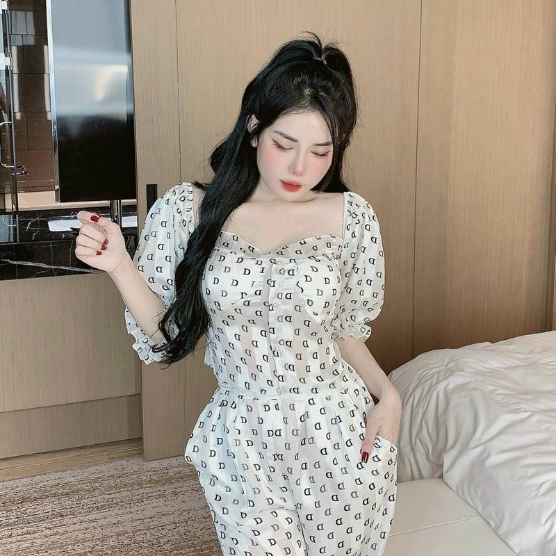 Sét bộ mặc nhà đi chơi đều xinh chất lụa tằm xước (có vải lót và mút) chuẩn sang xịn (freesize 40-55kg) cho bạn nữ Kẻ sọc Cotton Women Quần Ngủ Voi Nhung