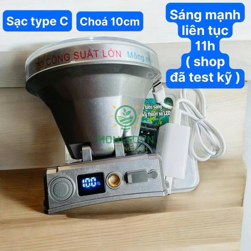 Đèn pin đội đầu 199 choá lớn 10cm, sạc type C, chiếu xa 300M, sáng mạnh liên tục 11H, ánh sáng trắng và có đồng hồ báo PIN và 3 chế độ sáng
