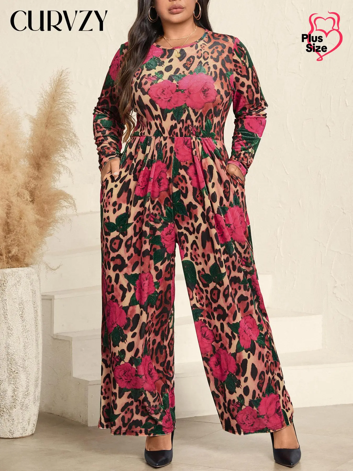 CURVZY Plus Size Floral & Leopard Print Pocket Wide Leg Jumpsuit, Elegant Long Sleeve Round Neck Velvet Jumpsuit for Spring & Fall, Women's Clothes for Daily Wear