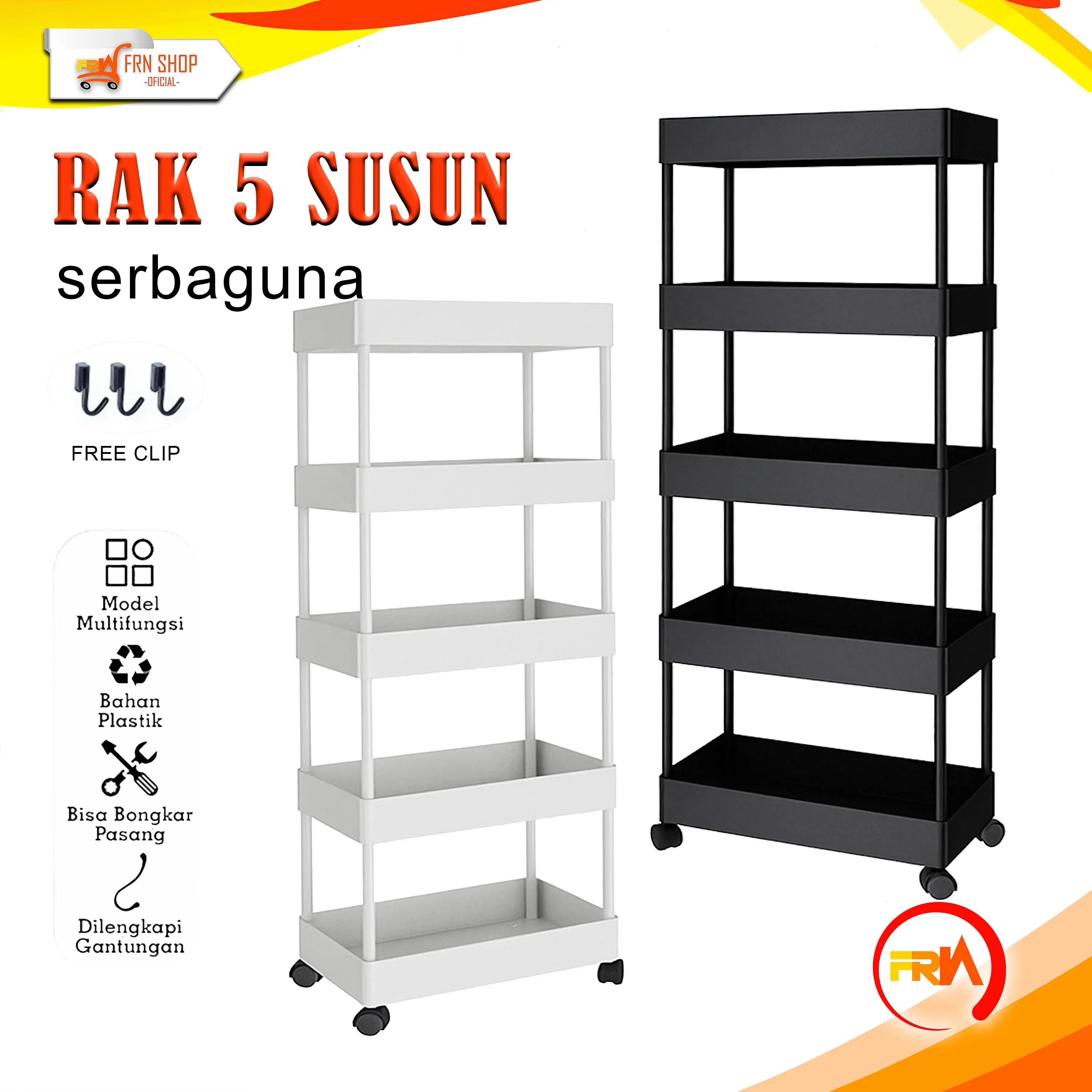 FRN Kitchenware - Rak Dapur 5 Susun Rak Kamar Mandi Rak Serbaguna 5 Tingkat Rak Troli Dengan Roda