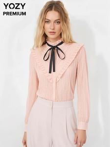 YOZY Women's Plain Frill Trim Tie Front Blouse, Casual Long Sleeve Top for Spring & Fall, Women's Clothing for Daily Wear