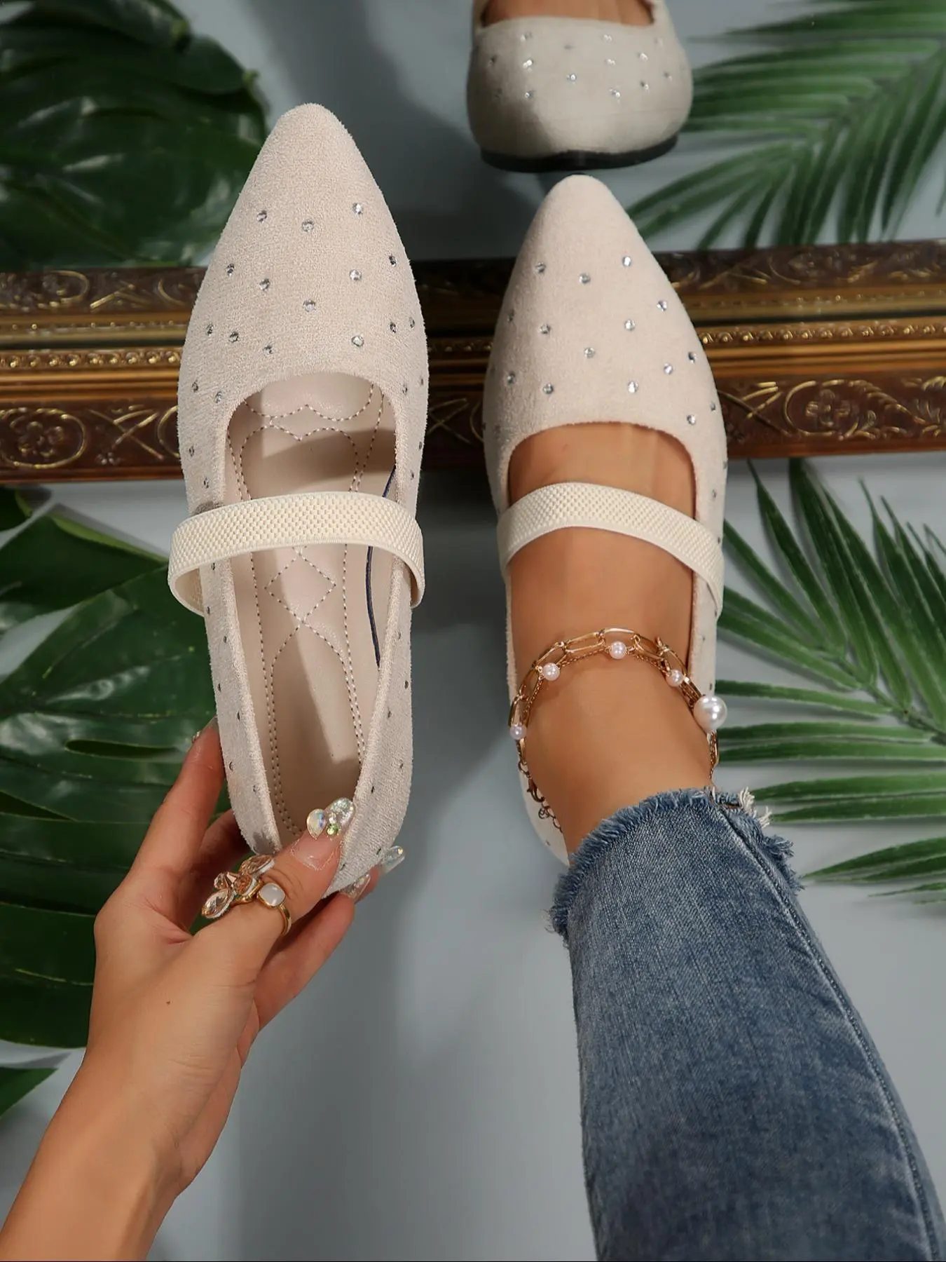 Women's Elegant Rhinestone Decorated Pointed Toe Ballet Flats, Trendy All-match Flat Shoes, Fashionable Shoes for Daily Wear, Girl