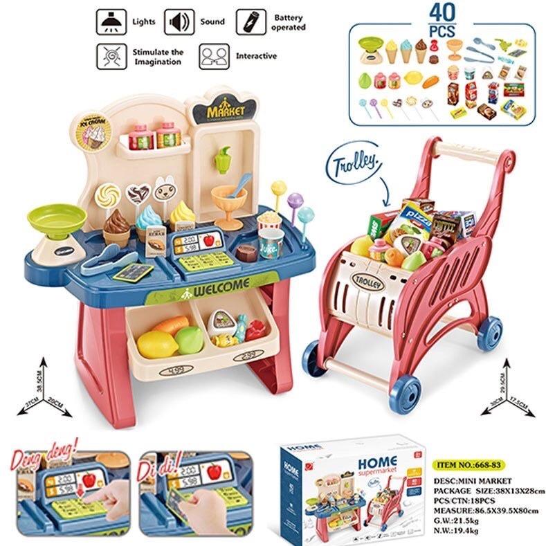 Đồ chơi bán hàng siêu thị kèm xe đẩy, Bộ xe đẩy đi siêu thị 40 chi tiết cho bé vui chơi và khám phá Toy