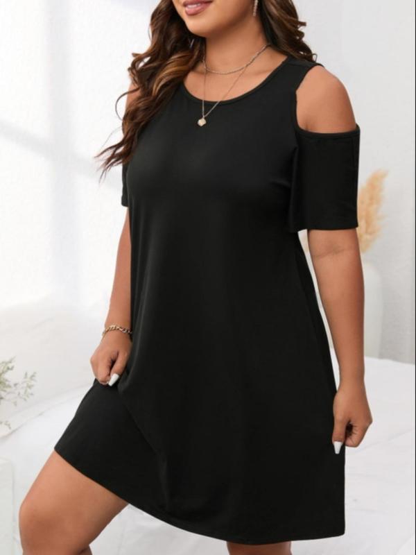 【Plus Size】 Basic Plain Cold Shoulder Dress, Elegant Short Sleeve Dress for Summer, Women's Clothes for Daily Wear 3