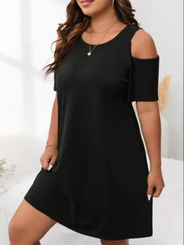 【Plus Size】 Basic Plain Cold Shoulder Dress, Elegant Short Sleeve Dress for Summer, Women's Clothes for Daily Wear 3